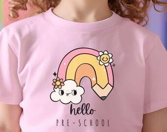 Colorful Toddler Short Sleeve Tee Hello Pre-School Rainbow Back-to-School Apparel Cute Kids Clothing Fun Toddler Shirt