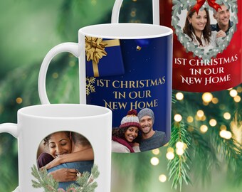 Personalized First Christmas in Our New Home Mug – Custom 2 Photo Mug with Fixed Text, New Homeowner Christmas Gift, Realtor Closing Gift