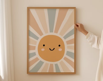 Sun Kids Wall Decor, Sun Printable Art, Smiling Sun Print, Boho Sun Nursery Print, Nursery Wall Art, Boys Bedroom Decor, Fun Playroom Decor
