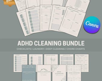 Editable ADHD Cleaning Checklist Bundle - deep cleaning, cleaning schedule, cleaning card, family chore chart, declutter challenge