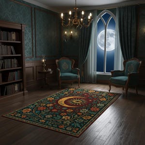 Mystical Moon Eye Rug, Floral Boho Occult Carpet with Celestial Symbols, Esoteric Area Rug for Spiritual Decor