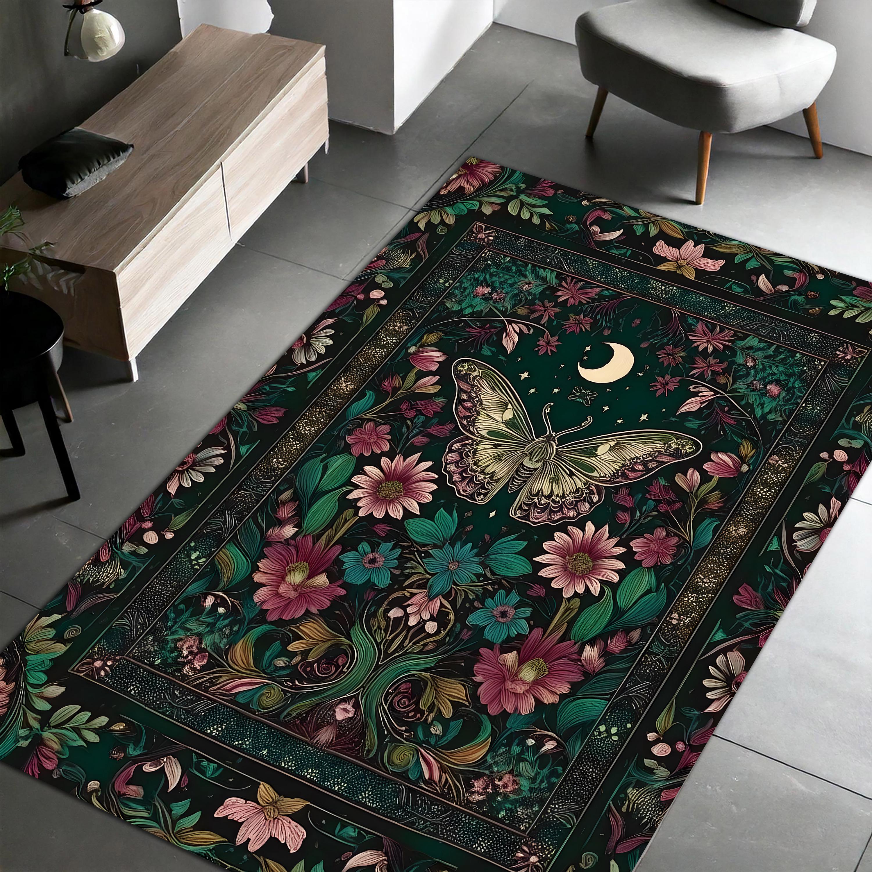 Mystic Gothic Moth Rug | Moonlit Garden Design Carpet | Dark Floral ...