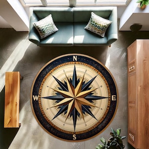 Tapis rond boussole beige, tapis de conception de carte nautique, décor maritime vintage, tapis circulaire sur le thème de la navigation, tapis de sol boussole côtière