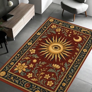 Sun Eye and Moon Rug, Boho Vintage Occult Carpet with Celestial and Floral Symbols, Mystical Esoteric Area Rug