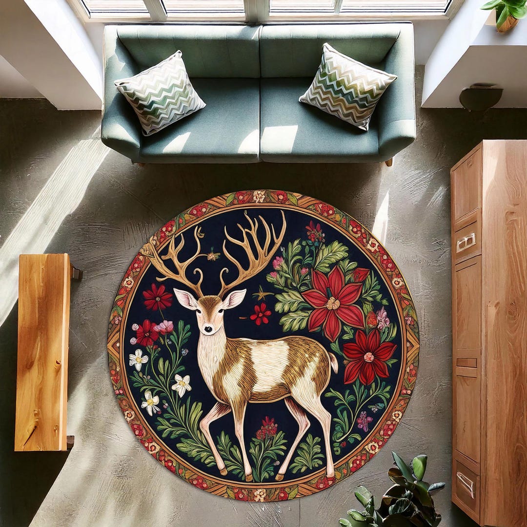 Red Green Floral Deer Round Rug, Nature-inspired Animal Carpet, Deer ...