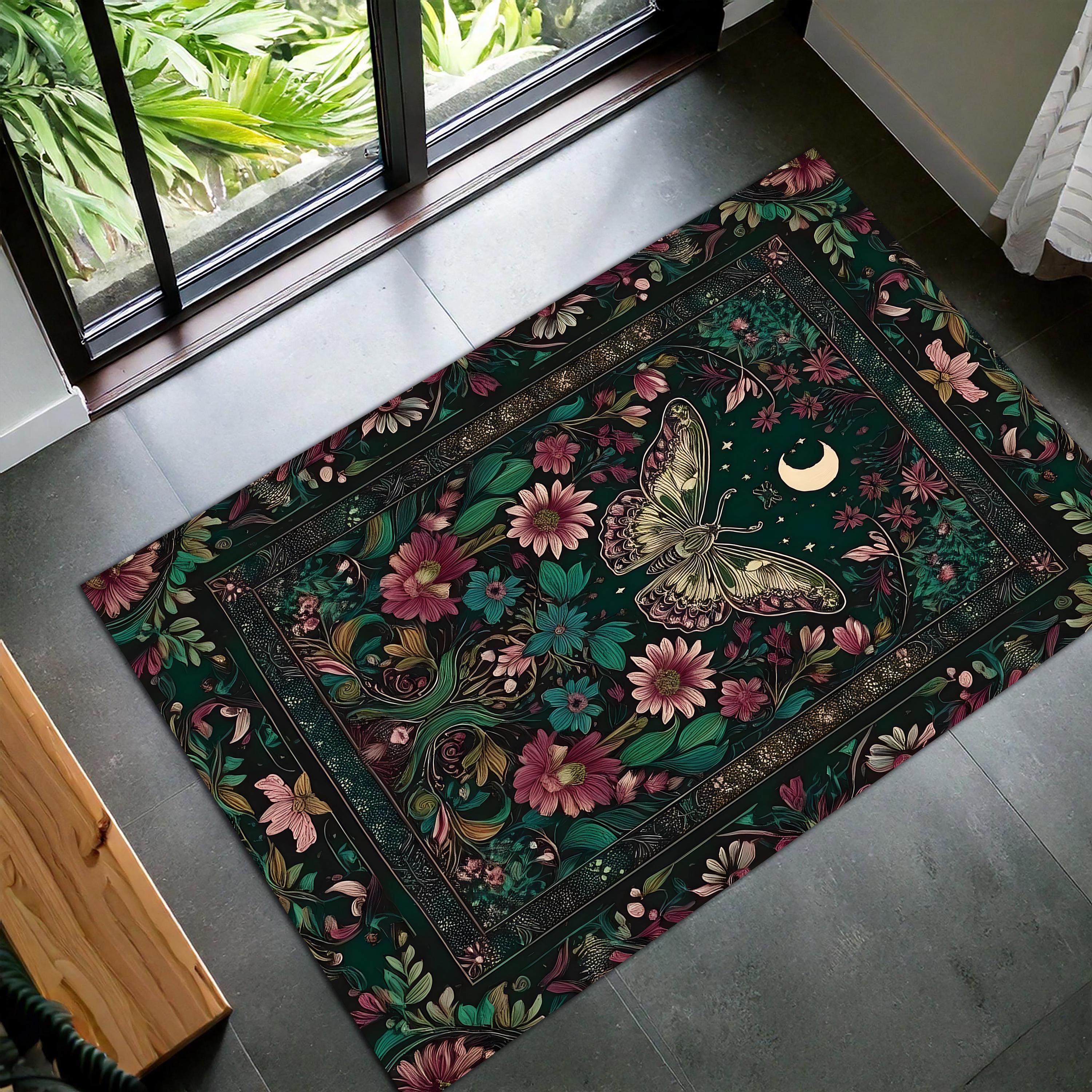 Moth Area Rug Mystic Gothic Moth Rug | Moonlit Garden Design Carpet | Dark Floral ...