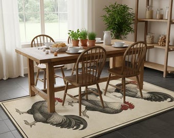 Rustic Rooster Farmhouse Runner Rug – Kitchen Carpet with Country Chicken Print, Beige Dining Room Area Rug for Cozy Farmhouse Decor