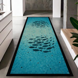 Blue Mosaic Fish Runner Rug – Ocean-Inspired Kitchen Floor Mat, Coastal Hallway Carpet, Underwater Themed Home Decor