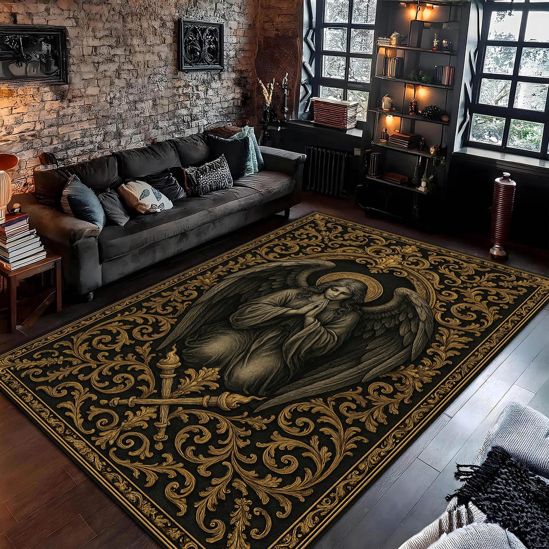 Pulpit Rug Fallen Angel Baroque Rug, Celestial Gothic Decor, Gold Black Angel ...