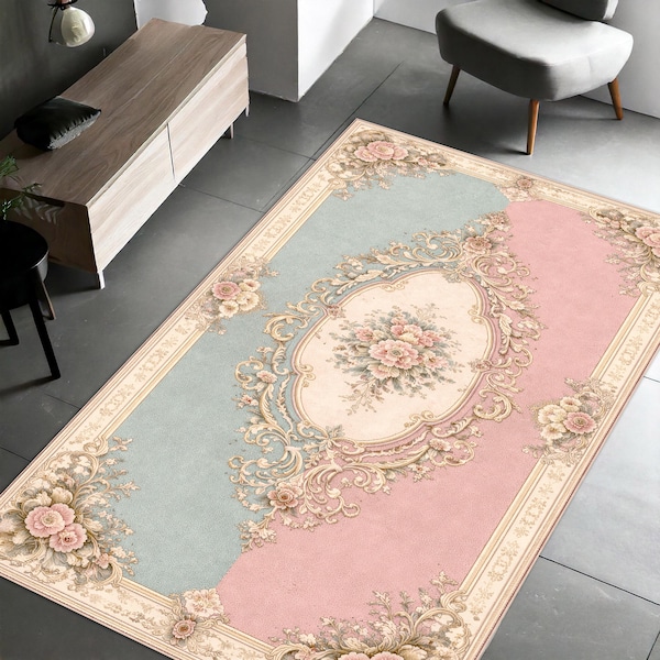 Pastel Floral Rug with Pink and Sage Green Panels, Cream Ornate Frame Carpet, Soft Flower Center Design Area Rug