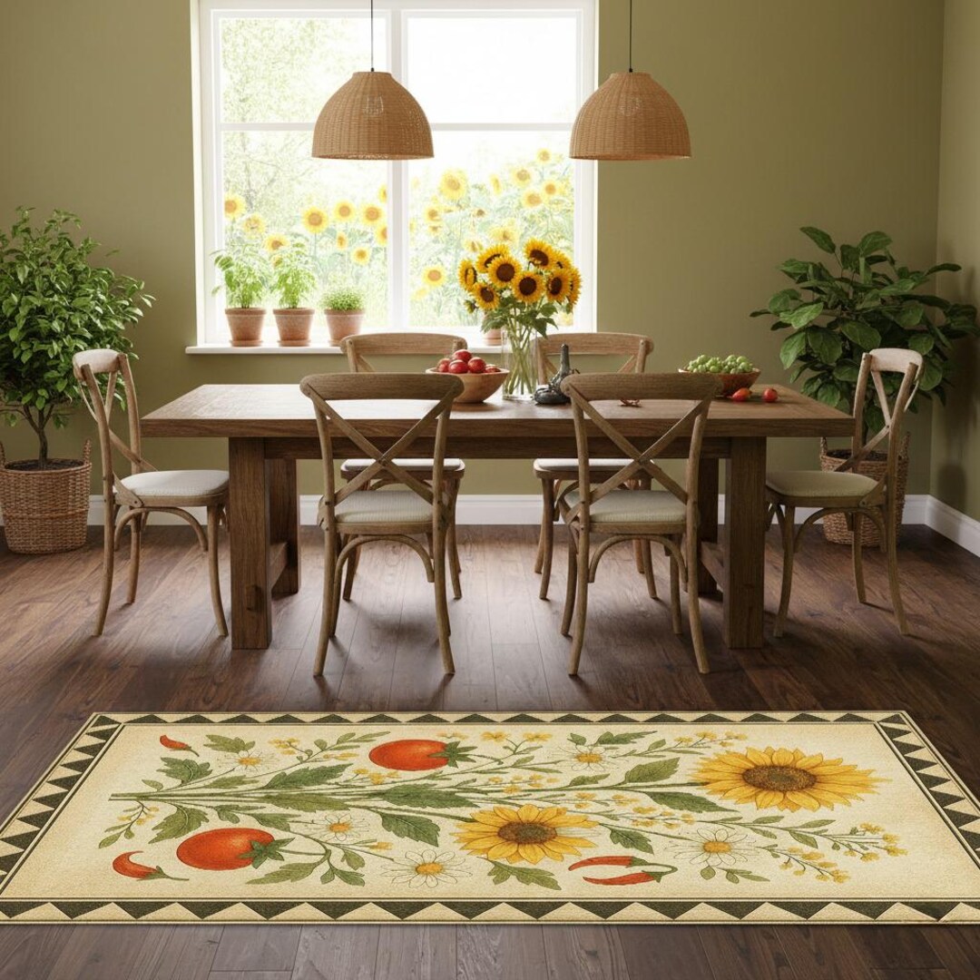 Tomatillo Rugs Sunflower Harvest Rug – Beige Kitchen Carpet With Yellow Sunflowers ...