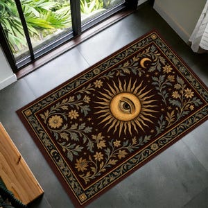 Mystic Sun Eye Rug, Vintage Boho Occult Carpet with Floral Ornaments and Celestial Symbols, Esoteric Area Rug Decor