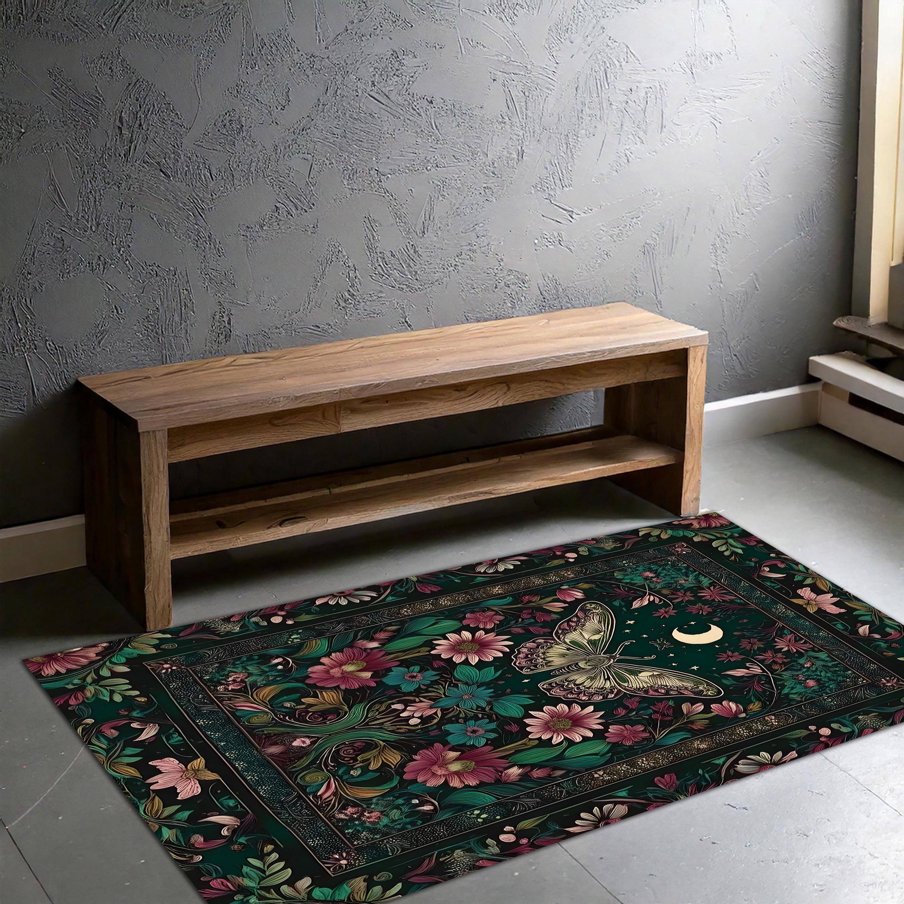 Mystic Gothic Moth Rug | Moonlit Garden Design Carpet | Dark Floral ...