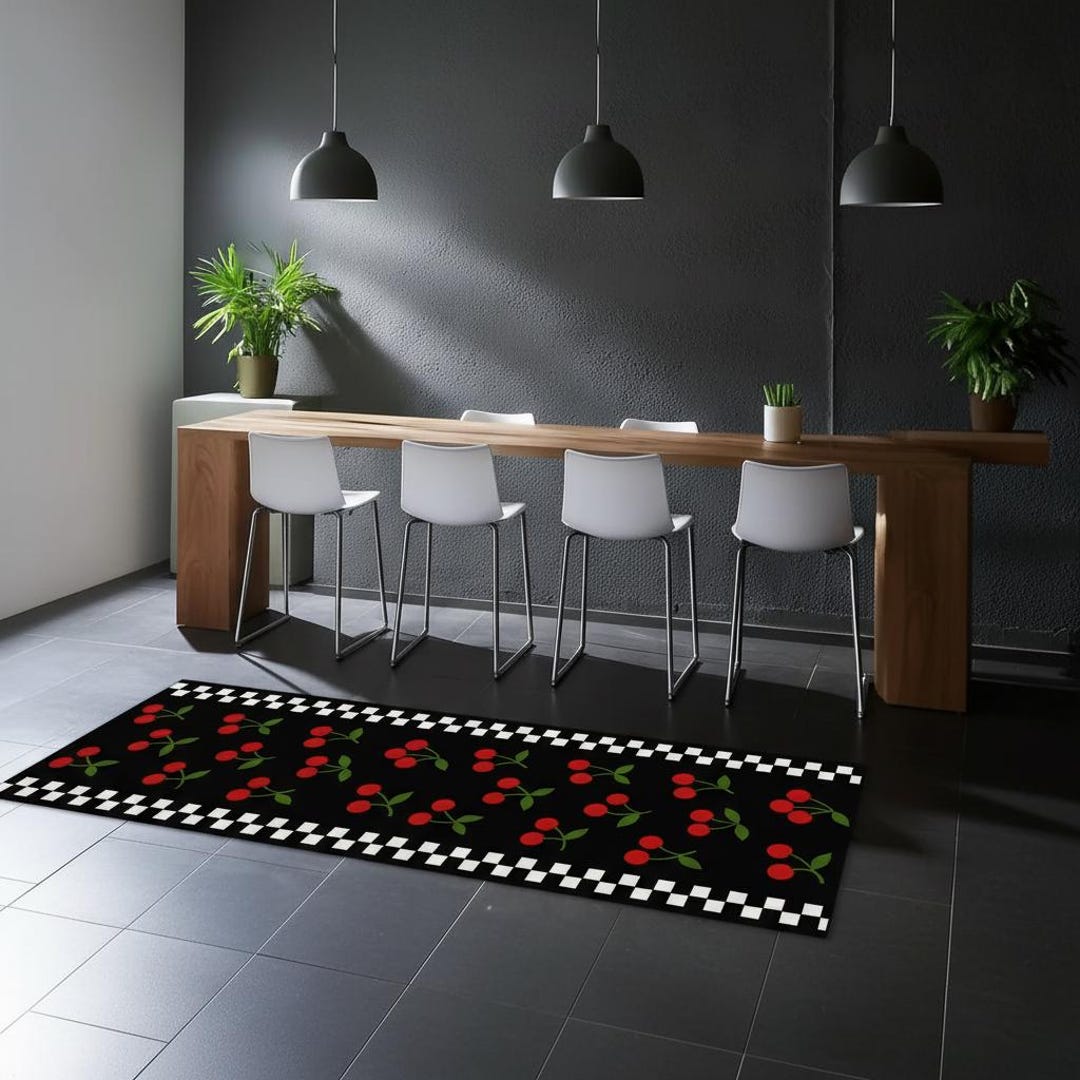 Cherry Runner Rug – Retro Kitchen Floor Mat With Red Cherries, Washable ...