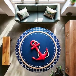 Red Anchor Round Rug | Nautical Marine-Themed Carpet | Coastal Home Decor | Ocean-Inspired Circular Area Rug