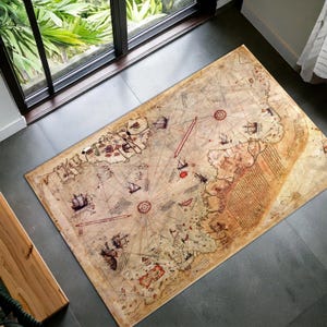 Piri Reis Map Rug | Vintage maritime Weltkarten Design | Antike Maritime Weltkarte Teppich | Handgewebter historischer Teppich