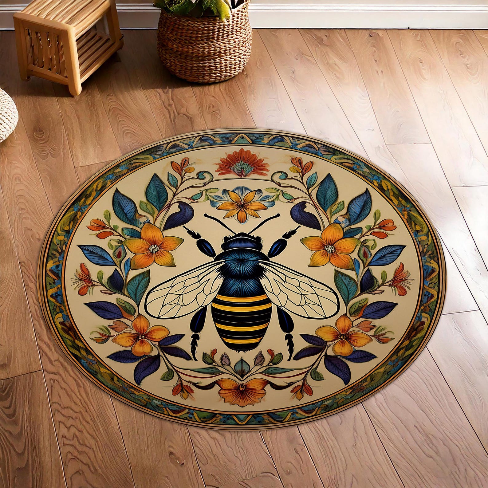Floral Bee Rug | Beige Botanical Carpet With Bees | Nature-inspired ...
