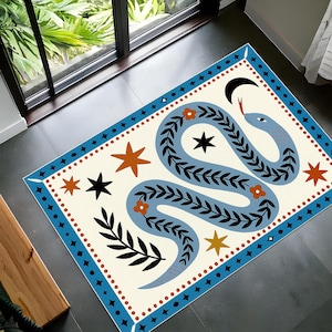 Tappeto a forma di serpente in stile folk art - Tappeto a forma di serpente mistico con stelle e piante, moderno decoro occulto per ingresso, soggiorno, spazi boho o stregoneschi
