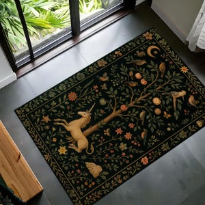Unicorn Tree Tapestry Rug – Medieval Fantasy Style Carpet with Birds, Stars and Florals, Whimsical Cottagecore Woodland Decor