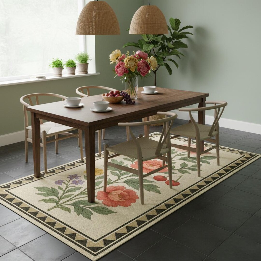 Rustic Peony Bloom Rug – Beige and Pastel Floral Dining Room Carpet ...