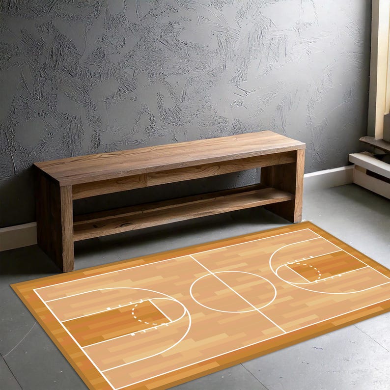 Peut inclure: Un banc en bois brun avec une &eacute;tag&egrave;re se trouve devant un mur textur&eacute; brun et gris. Un tapis de terrain de basket-ball brun et blanc est sur le sol.