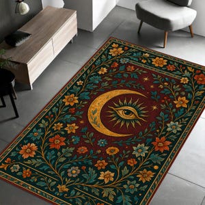 Mystical Moon Eye Rug, Floral Boho Occult Carpet with Celestial Symbols, Vintage Esoteric Area Rug for Spiritual Decor