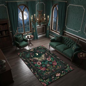 Tappeto Mystic Gothic Moth / Tappeto Moonlit Garden Design / Tappeto con decorazioni floreali scure
