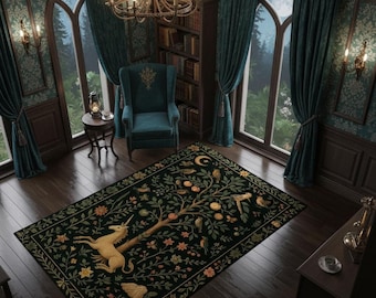 Tapisserie d'arbre de licorne - tapis de style médiéval-fantastique avec des oiseaux, des étoiles et des fleurs, décoration lunatique de bois de coeur de campagne