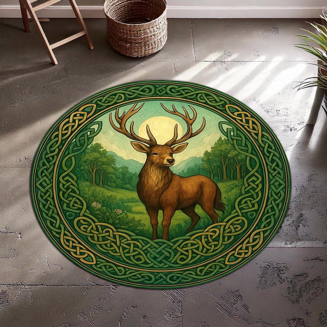 Celtic Deer Round Rug With Antlers and Forest Design – Green Nature ...