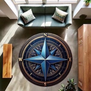 Tapis rond boussole bleu marine, tapis de conception de carte nautique, décor maritime vintage, tapis circulaire sur le thème de la navigation, tapis de sol boussole côtière
