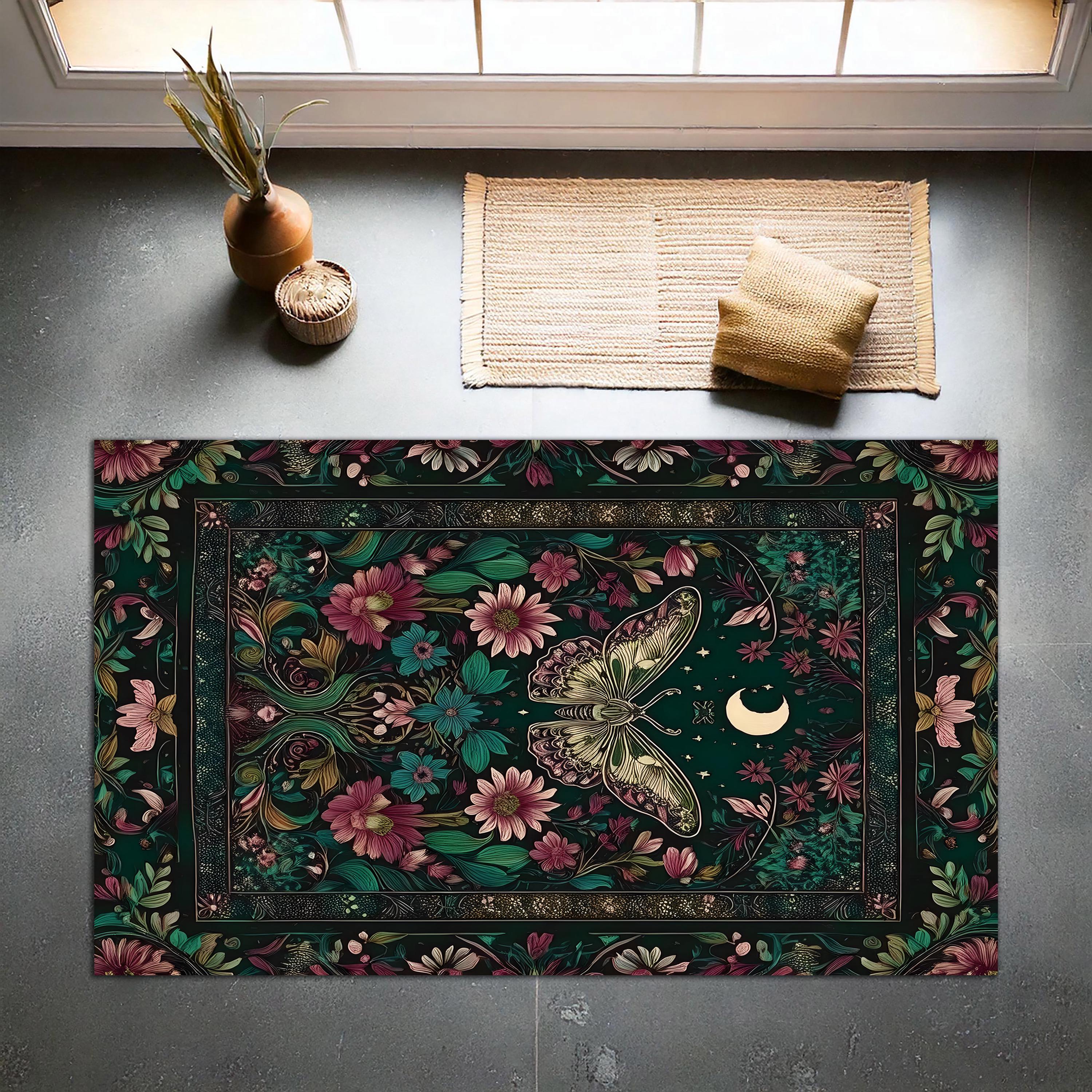 Moth Area Rug Mystic Gothic Moth Rug | Moonlit Garden Design Carpet | Dark Floral ...