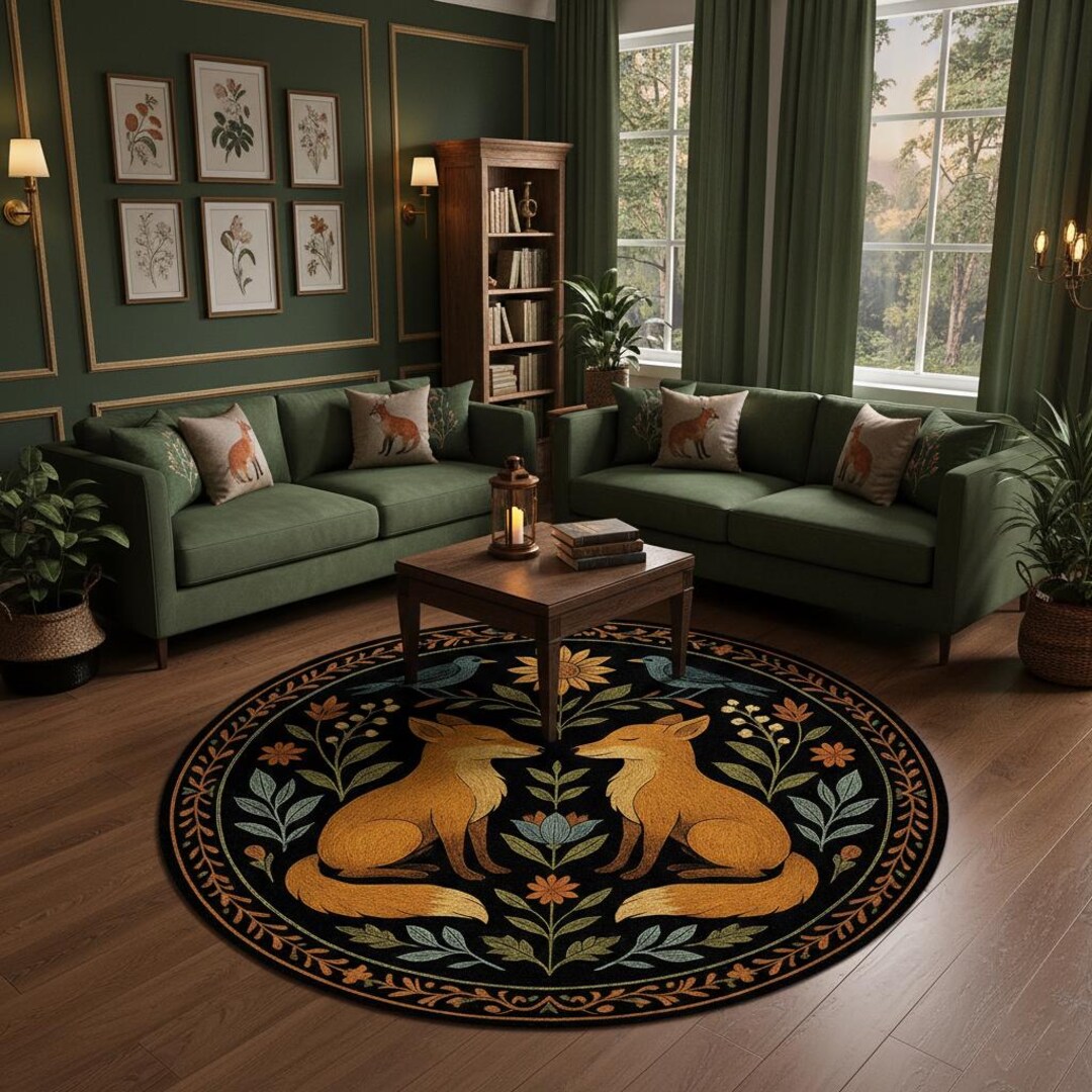 Texture Fox Hunt Rug Folk Art Fox Round Rug β Two Orange Foxes With Floral and Bird Motifs ...