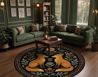 Tapis rond art folklorique renard - Deux renards orange avec motifs floraux et d'oiseaux sur fond noir, tapis esthétique forestier confortable pour les amoureux de la nature