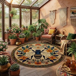 Alfombra floral con abejas / Alfombra botánica beige con abejas / Alfombra vintage de inspiración natural / Decoración cottagecore con abejas