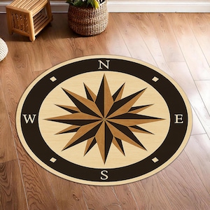 Tapis rond rose des vents - Tapis de style nautique beige et marron avec direction du vent pour une décoration côtière, rustique ou sur le thème des explorateurs