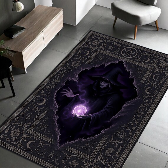 Witch Rug with Crystal Ball, Gothic Dark Carpet with Purple Glow, Halloween and Occult Decor, Mystical Living Room and Bedroom Accent