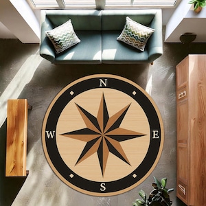 Tapis rond rose des vents - Tapis de style marin rustique beige et marron avec direction du vent, idéal pour une cabine, un bureau ou une décoration côtière