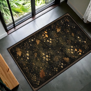 Dark Forest Floor Rug with Leaves and Mushrooms, Black Background Botanical Carpet, Gold Brown Nature Pattern Area Rug