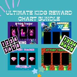 May include: A bundle of kids' reward charts with the text "ULTIMATE KIDS REWARD CHART BUNDLE". The charts feature llamas, a race car, and diamonds. Each chart has space for tracking points, with numbers 1-8.