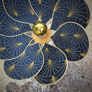 Water lily wall sconce, 8 petals in rattan and midnight blue and gold art deco fabric, handcrafted light fixture