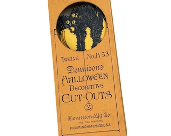 Antique 1920s Dennison Halloween Diecut Cut-Outs (x10) in BOX Scared Black Cat