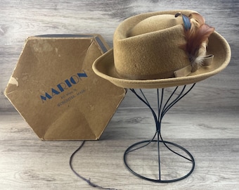 Vintage Wool Felt Fedora Hat Tan Brown With Feather Accent W Box XSmall 6.5