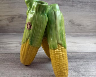 Patricia Garrett Three Corn Cob Vase Signed Hand Painted Pottery Harvest
