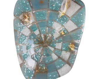 Higgins Art Glass Signed Tray Dish Plate Geometric Gold Aqua MCM Ashtray 15x12”