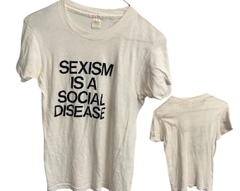 RARE Vintage 1970s Mayo Spruce Feminist T-Shirt Small – “Sexism Is a Social Disease” OG Women’s Liberation Graphic Tee