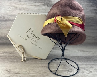 VNTG 1950s Vintage Fur Cloche Hat Ribbon Accent Peggys Hat Salon Millinery W Box