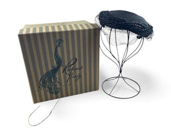 Vintage 1950s Richard Healy Black Fascinator Hat Veil L Side Bars w/ Box USA