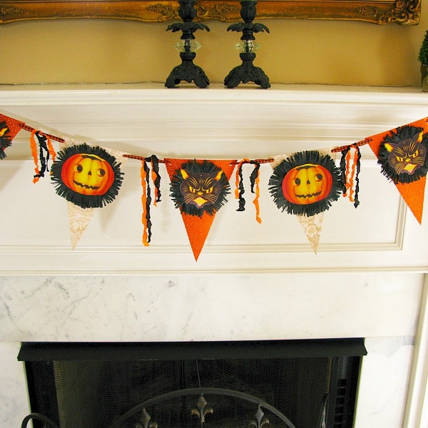 Halloween Banner Garland Pennant Vintage Look 1940s Black Cat Pumpkin Halloween Primitive Folk Art Decor