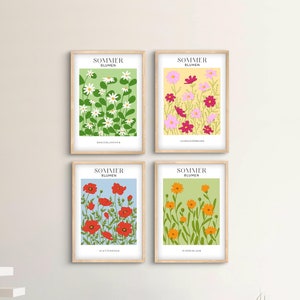 Pôster de flores de verão, conjunto de 4, margarida, papoula, calêndula, cosmos, estética, arte de parede, digital