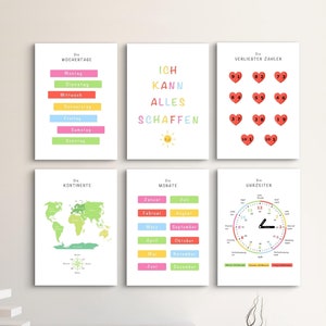 Carteles de aprendizaje, Conjunto de 6, Montessori, Habitación infantil, Aula, Arte de pared, Digital, Alemán
